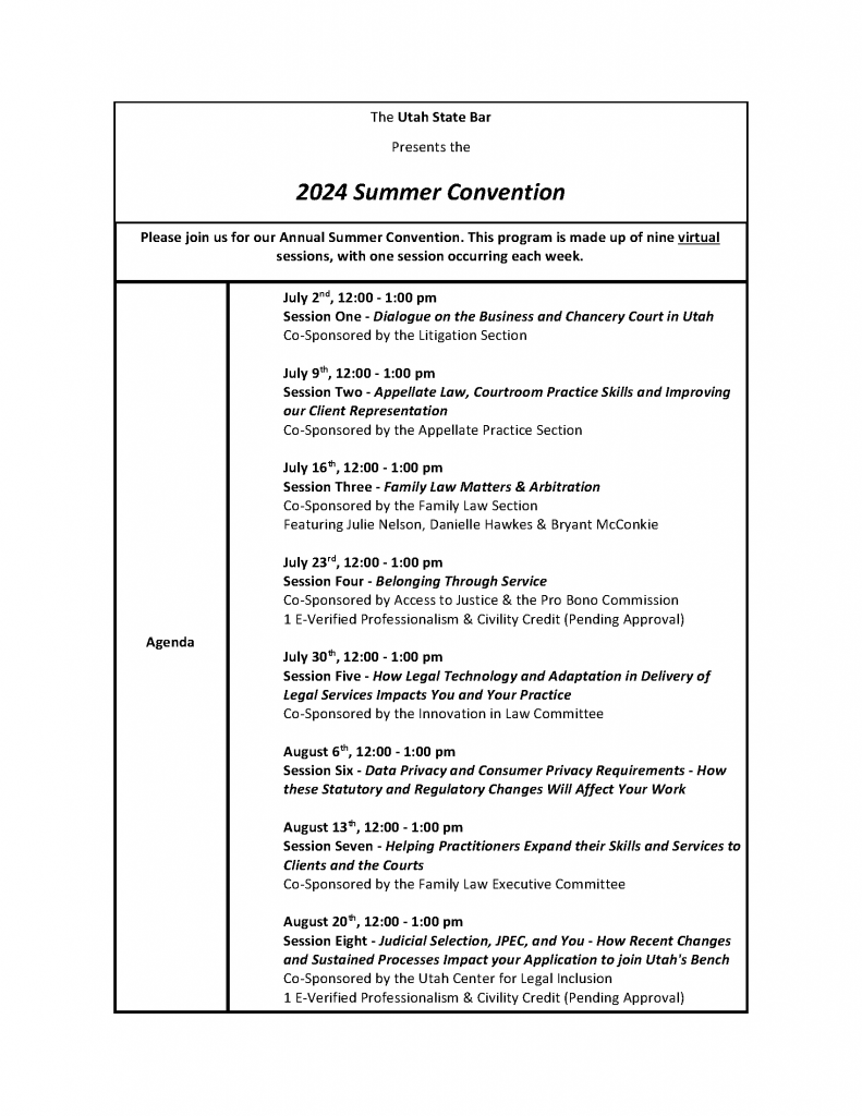 2024 Summer Convention agenda that details nine virtual sessions, with one session occurring each week.